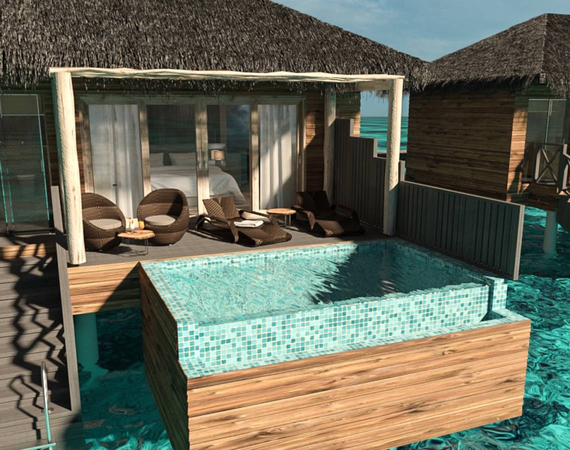 3D-Rendering eines Wasserbungalows von You & Me Maldives mit Außenpool und Sonnenliegen.