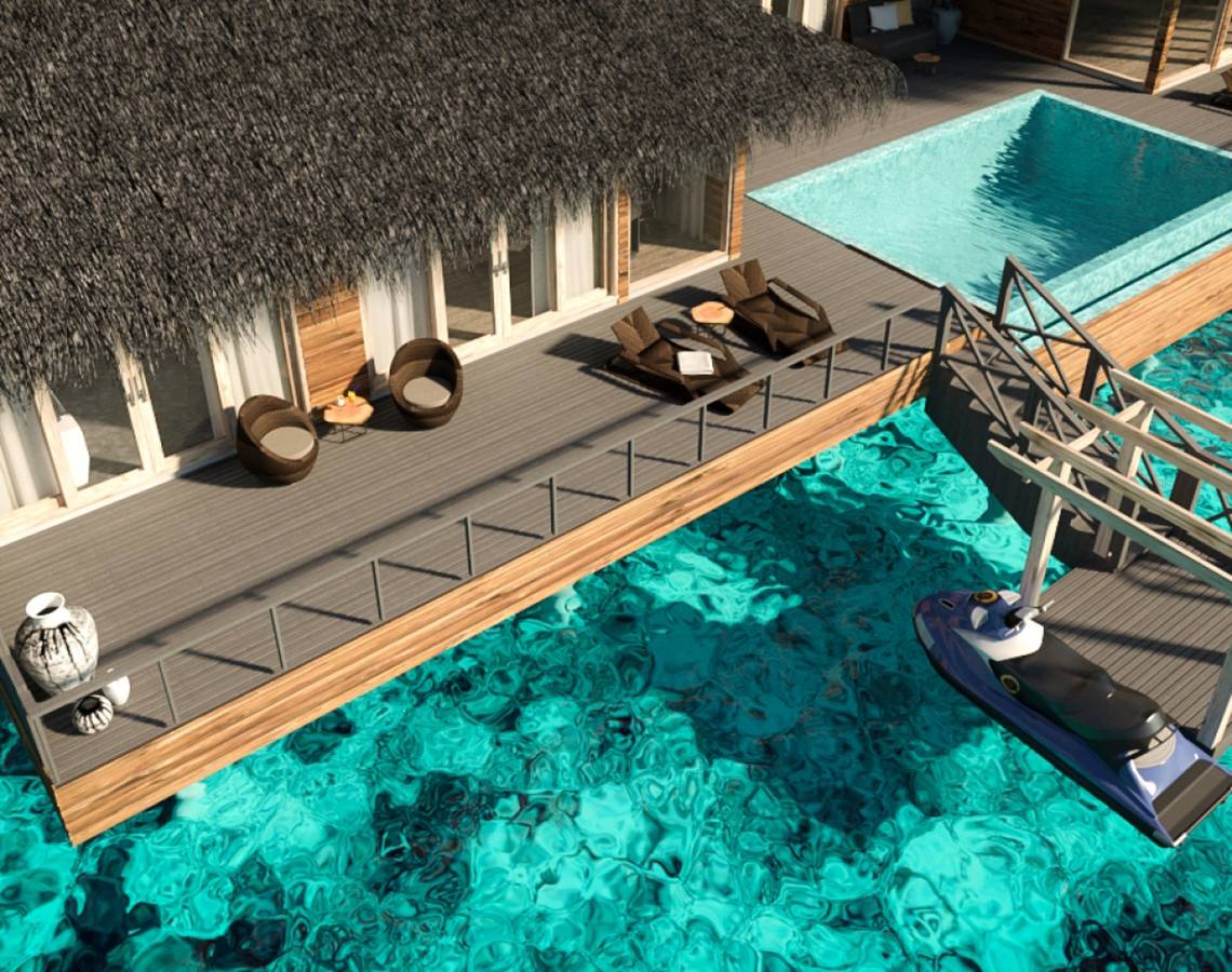 Wasservilla im Hotel You & Me Maldives mit Pool und Steg.