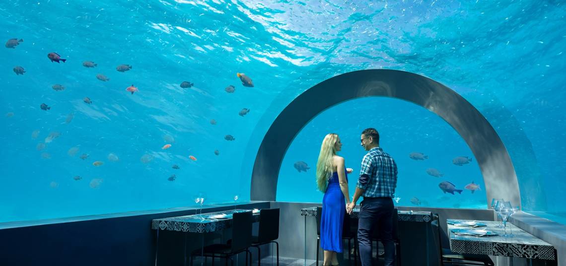 Ein Paar steht in einem Unterwasserrestaurant und betrachtet Fische im Aquarium.