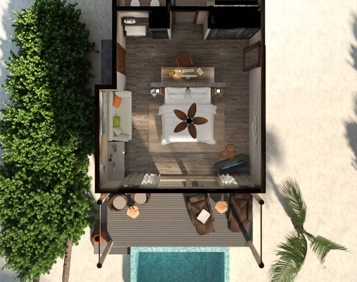 Draufsicht auf die Villa You & Me Maldives mit Pool, Schlafzimmer und Wohnzimmer.