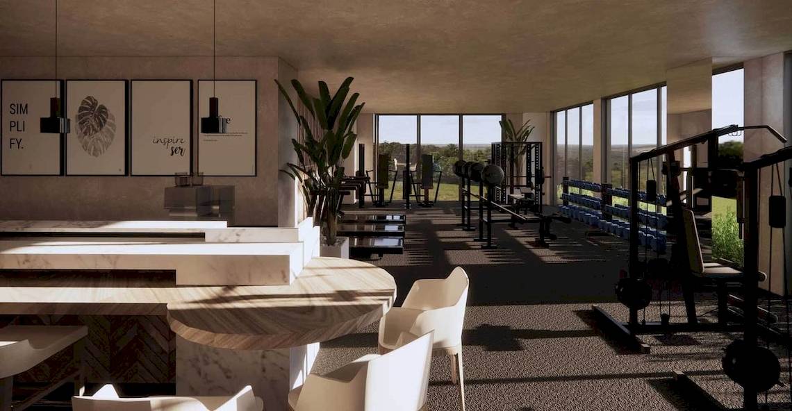 Fitness Center von Liu Resorts mit Innenarchitektur, Geräten und Panoramafenstern.