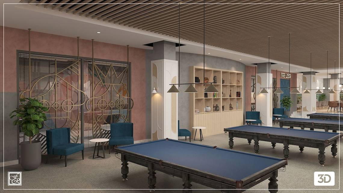 Illustration der Poolhalle im Fame Residence Kemer & Spa mit Billiardtischen, Sesseln und Pflanzen.