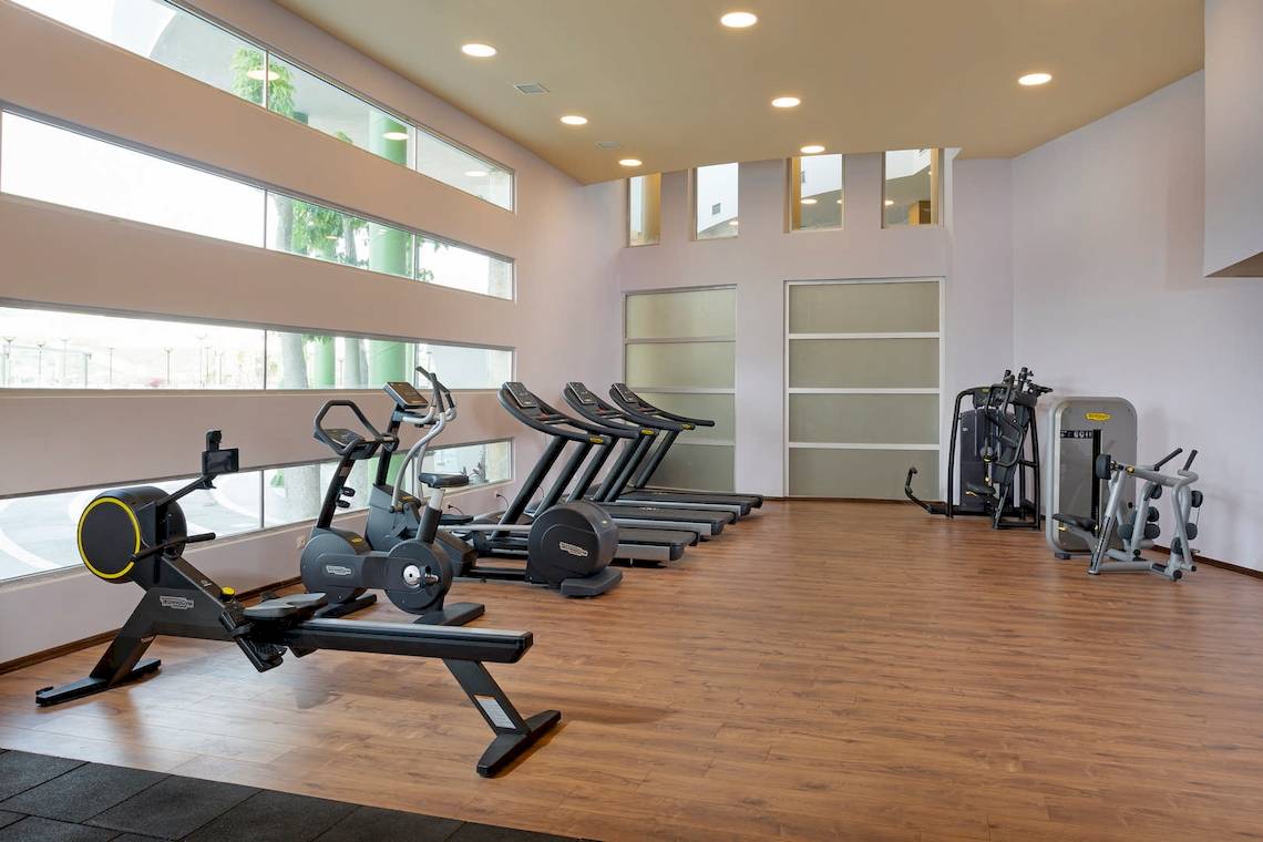 Fitnessstudio im Duja Bodrum Hotel mit Cardiogeräten und Fenstern.