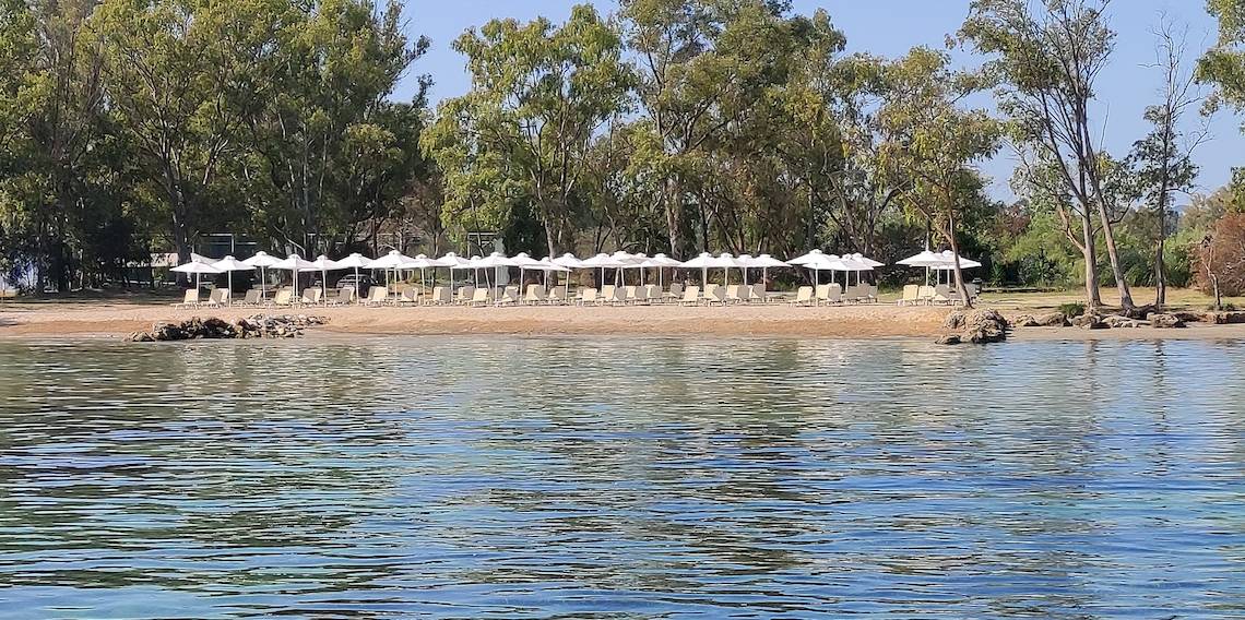 Außenbereich des Louis Kerkyra Blue Hotels mit vielen Sonnenliegen und Sonnenschirmen am Strand