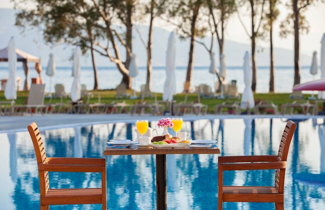 Frühstückstisch am Pool des Louis Kerkyra Blue Hotels mit Blick auf das Meer.