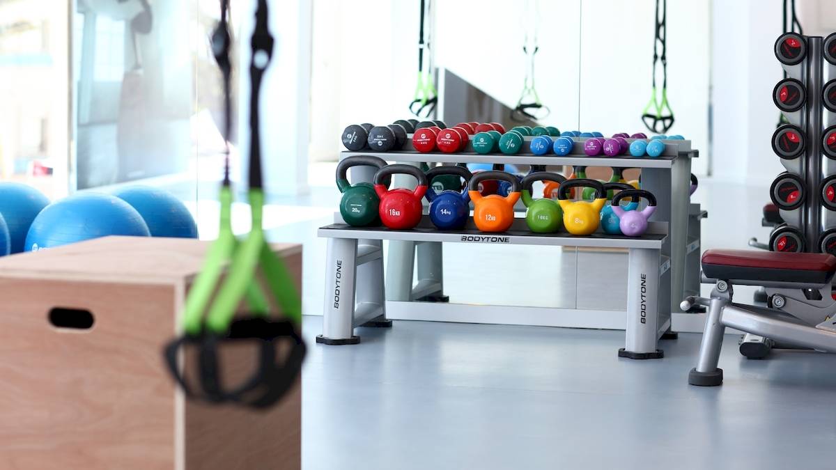 Fitnessstudio mit verschiedenen Gewichten und Trainingsgeräten auf einem Regal.