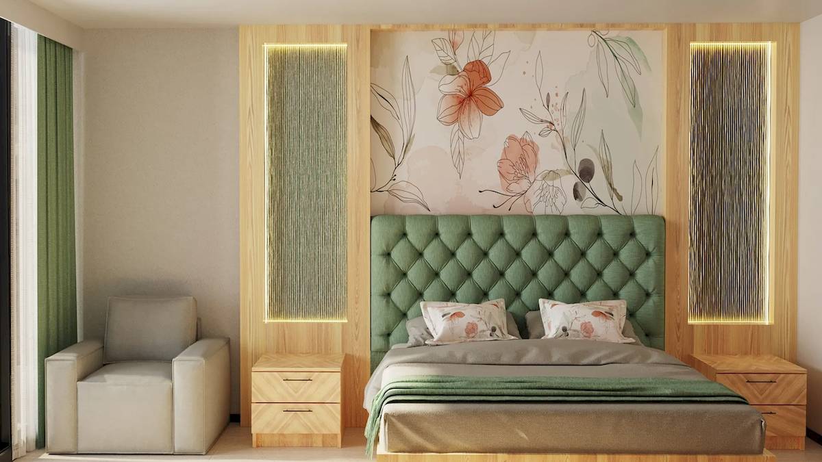 Modernes Schlafzimmer mit grünem Kopfteil und Blumentapete.