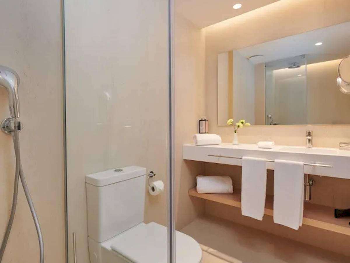 Badezimmer von Hipotels Mediterraneo mit Dusche, Toilette, Waschbecken und Spiegel.