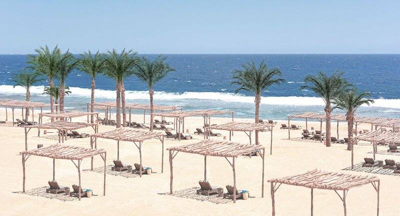 Strandszene mit Palmen, Liegen und Blick auf das Meer im Steigenberger Resort Alaya.