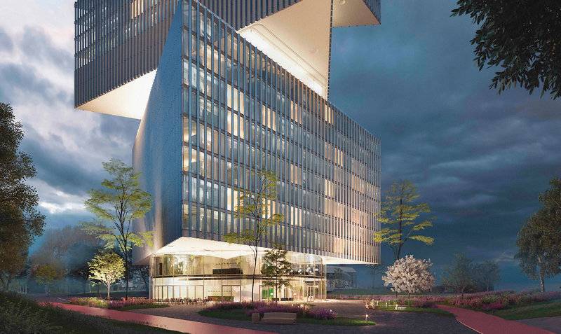 Architekturrendering des nhow Amsterdam RAI Hochhauses bei Nacht mit hellen Fenstern und umgeben von Bäumen und Pflanzen