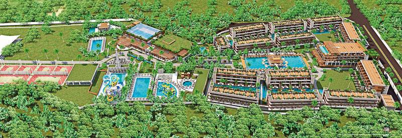 Luftaufnahme des Aldiana Club Side Beach Resorts mit Pools, Tennisplätzen und Gebäuden.