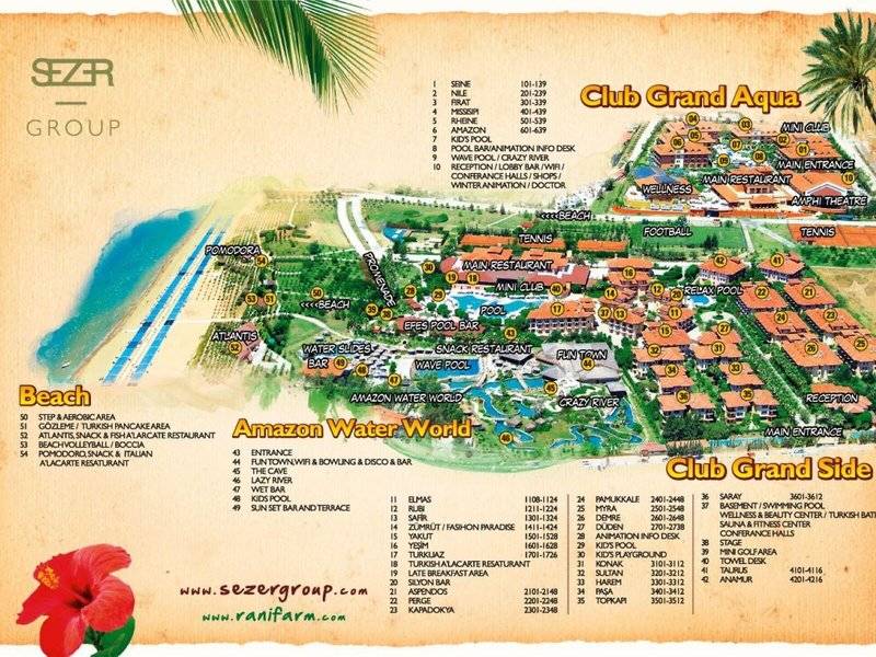 Anlage Karte von Club Grand Aqua und Club Grand Side mit Schwimmbädern, Restaurants und anderen Einrichtungen.