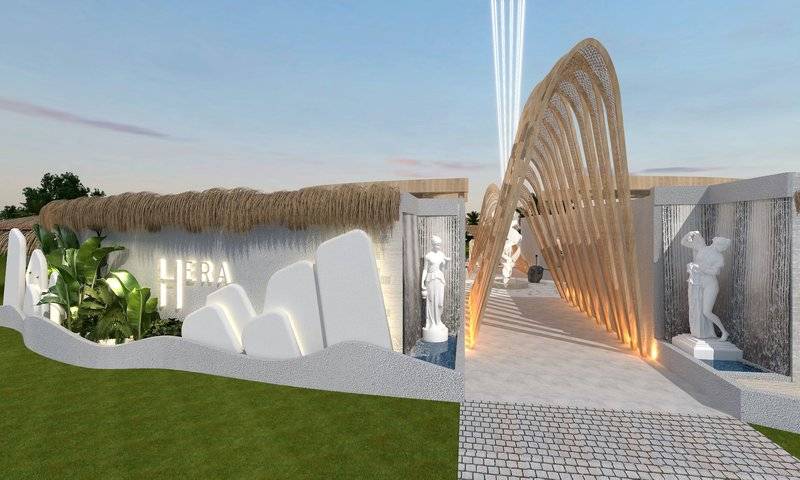 3D-Rendering des Eingangsbereichs des Ethno Belek Hotels mit einer weißen Skulptur, einem Bogendach und einer Wasserfallwand.