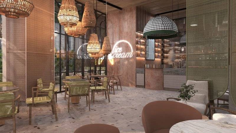 Innenraum des Ethno Belek Restaurants mit Tischen, Stühlen und dekorativen Lampen.