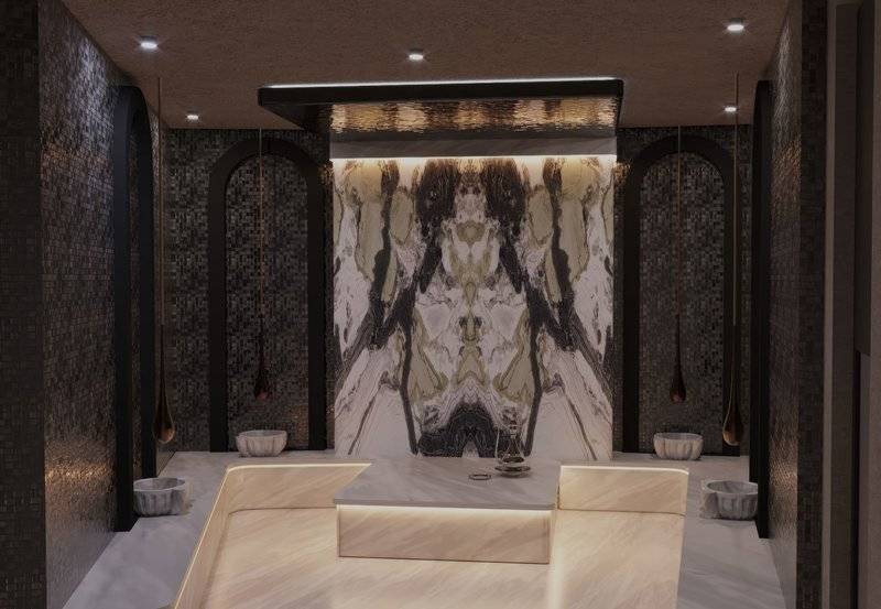 Innenansicht des Wellnessbereichs im Ethno Belek Hotel mit Marmorwänden und Beleuchtung.
