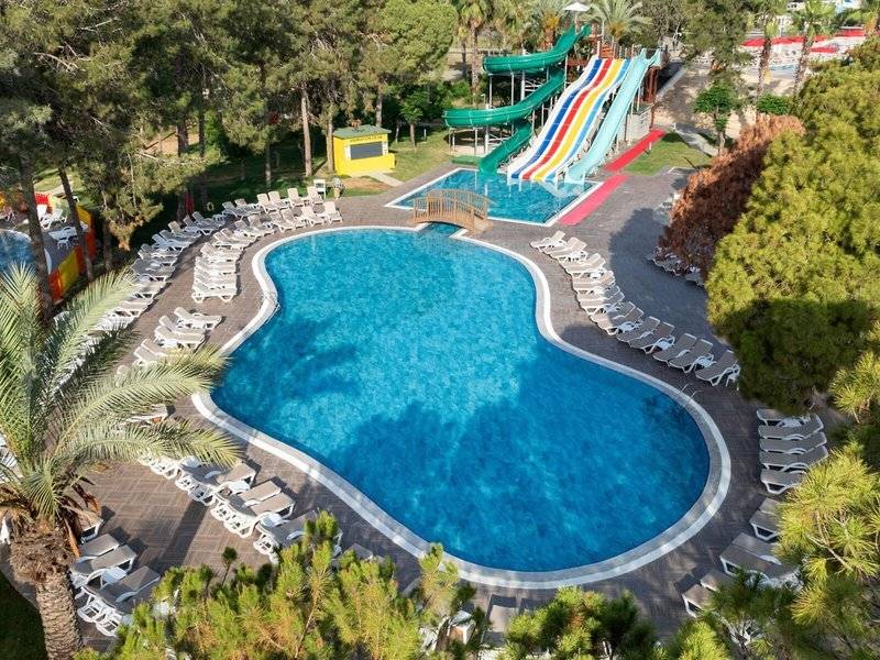 Luftaufnahme des Pools und Wasserrutschen des Megasaray Resort in Side