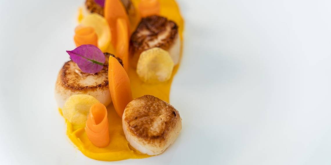 Gebratene Muscheln mit Karotten und Ingwer-Sauce auf einem weißen Teller