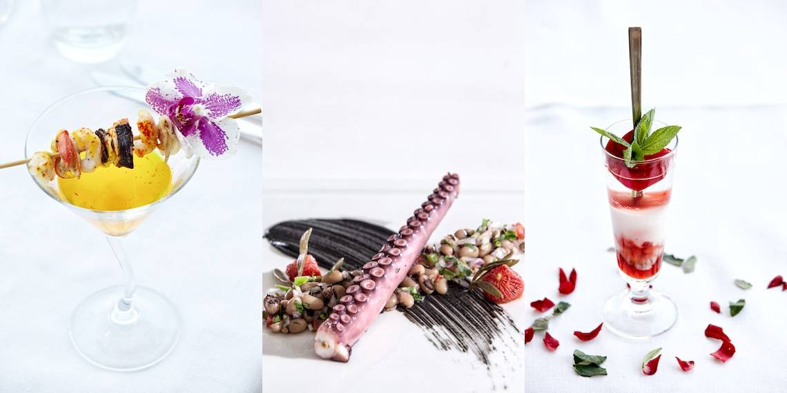 Cocktail mit Garnelen-Spieß, Tintenfisch und Früchten im Myconian Ambassador Relais & Chateaux