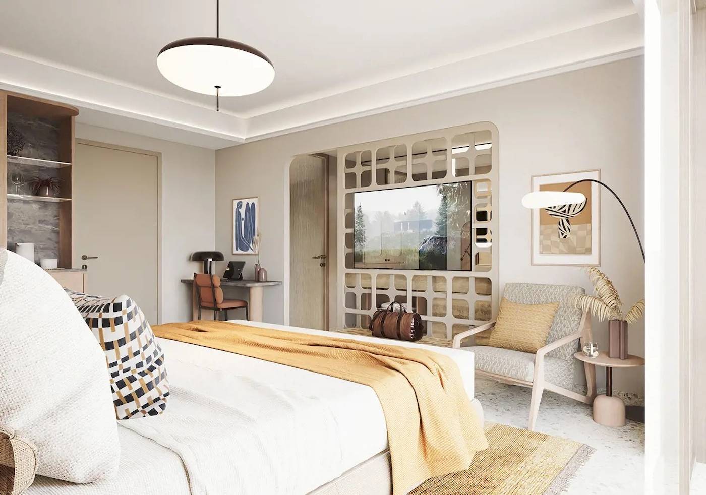 Innenansicht eines Schlafzimmers im Cactus Village Hotel mit Bett, Sessel, Schreibtisch und Fernseher.