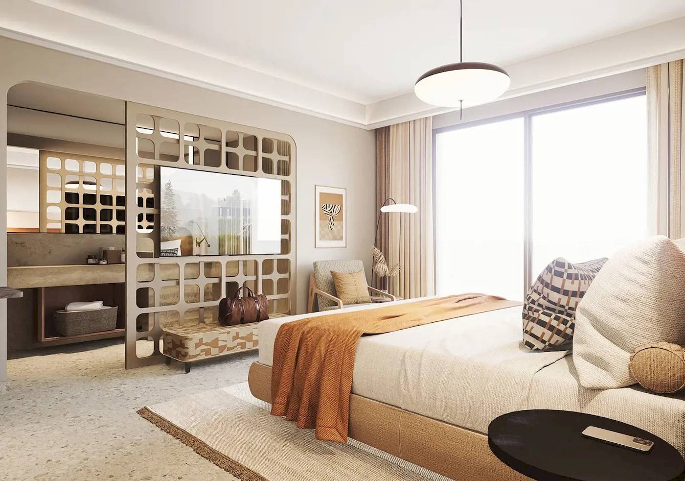 Innenansicht des Schlafzimmers im Cactus Village Hotel & Bungalows mit großem Bett, gemusterten Kissen und einem großen Fenster.