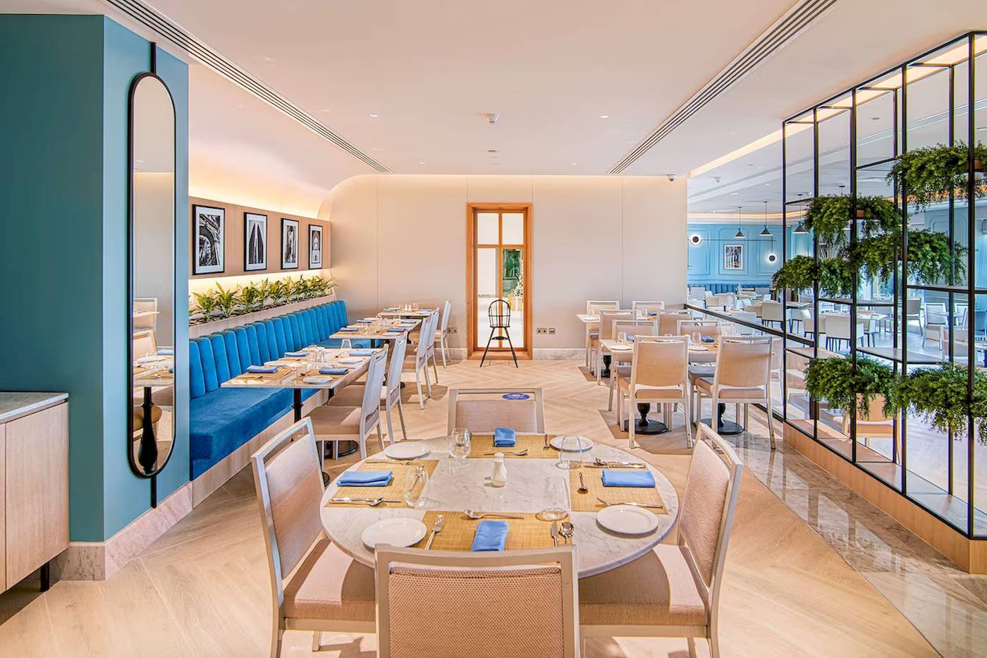 Innenansicht des Restaurants im Radisson Blu Hotel & Resort, Abu Dhabi Corniche mit blauen Sitzbänken und Tischdecken.