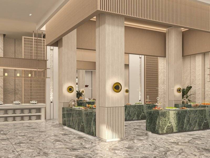 Illustration des Speisebereichs im Jaz Elite Amara Hotel mit grünen Marmortischen und modernen Möbeln