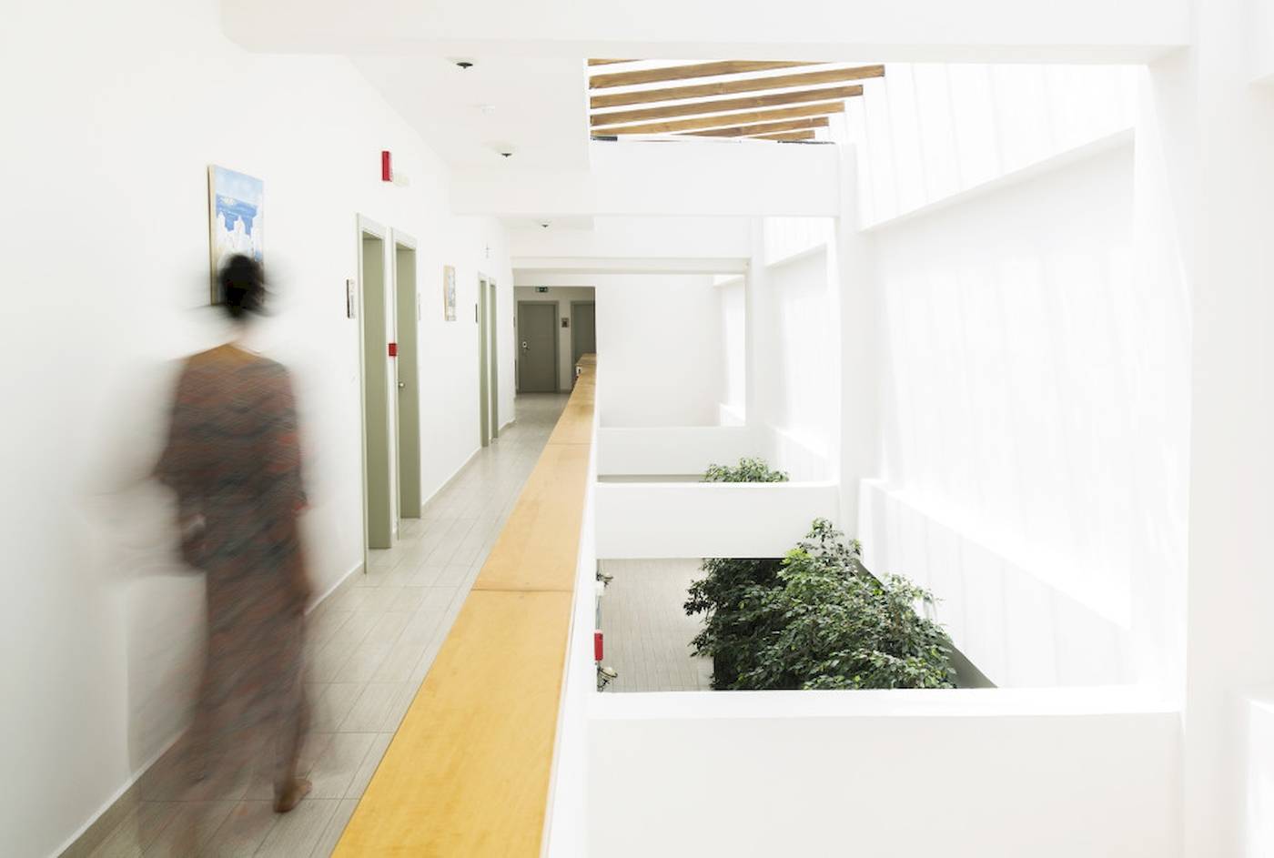 Foto von einem langen Flur im Almyrida Beach Hotel mit weißen Wänden, einem hölzernen Boden und Pflanzen