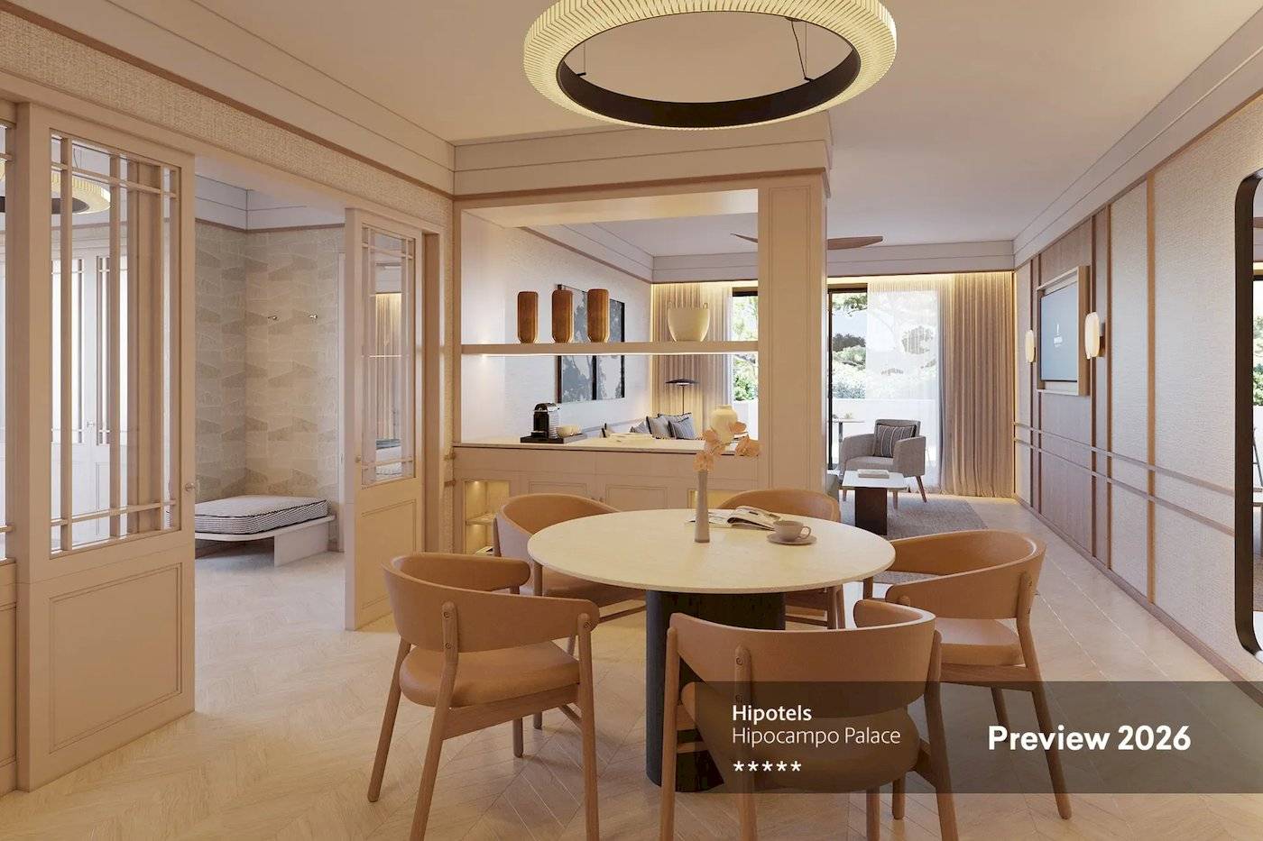 Vorschau 2026 des Hipotels Hipocampo Palace mit elegantem Essbereich und moderner Einrichtung.