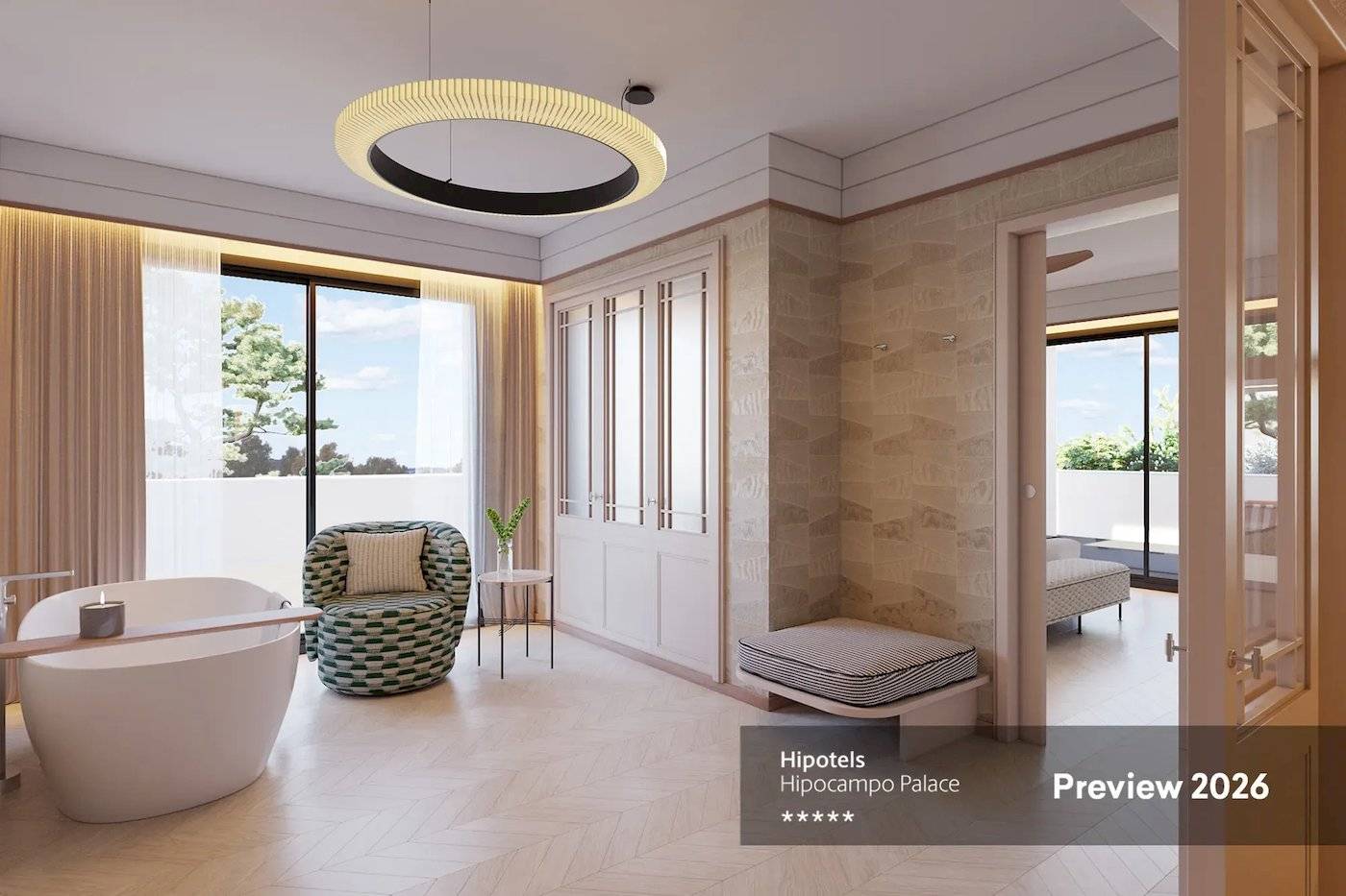 Badezimmer im Hipotels Hipocampo Palace mit Badewanne, Stuhl und Pflanzen, Vorschau 2026.