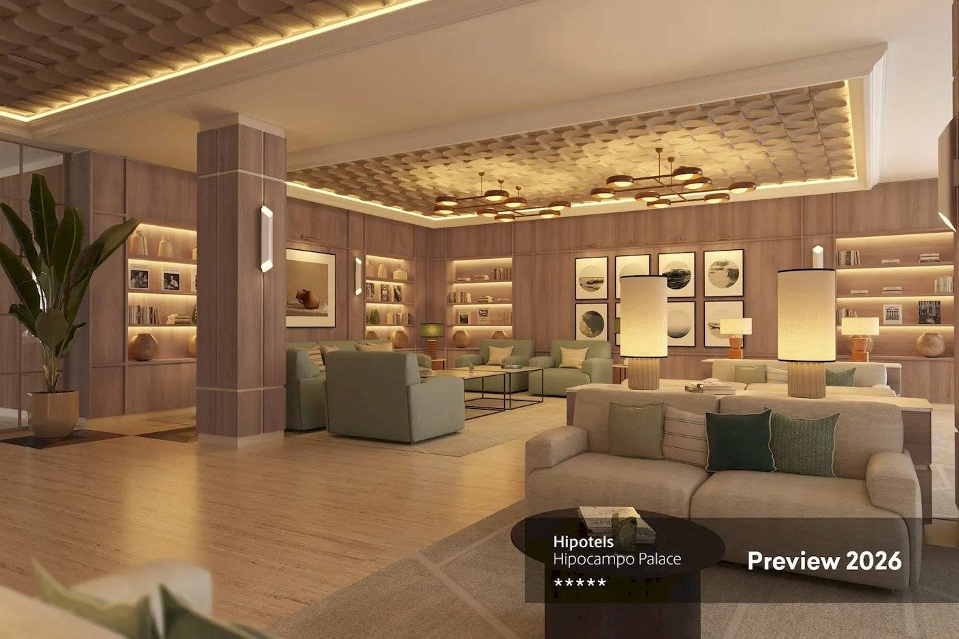 Innenansicht der Lobby von Hipotels Hipopcampo Palace mit modernen Möbeln, Holzböden und Beleuchtung.