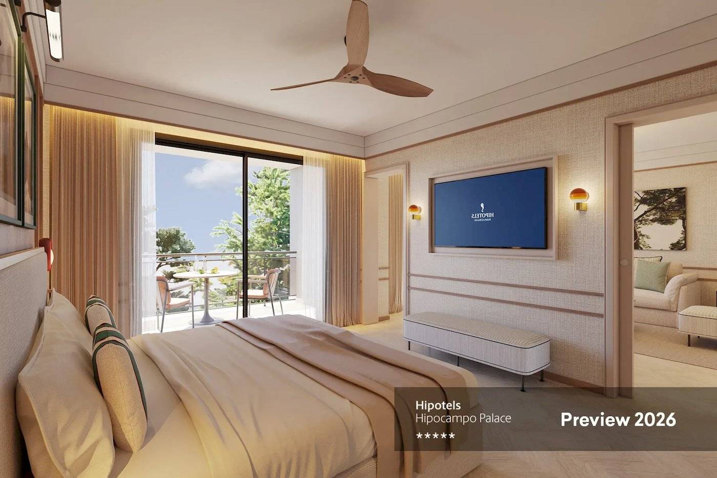 Hipotels Hipocampo Palace Schlafzimmer Vorschau 2026 mit Balkon, Fernseher und Wohnzimmer