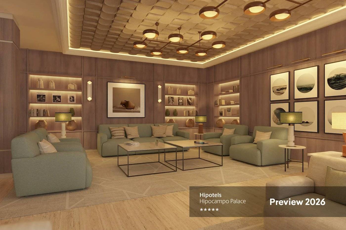 Innenbereich des Hipotels Hipocampo Palace mit Wohnzimmer, Sofas und Couchtischen.