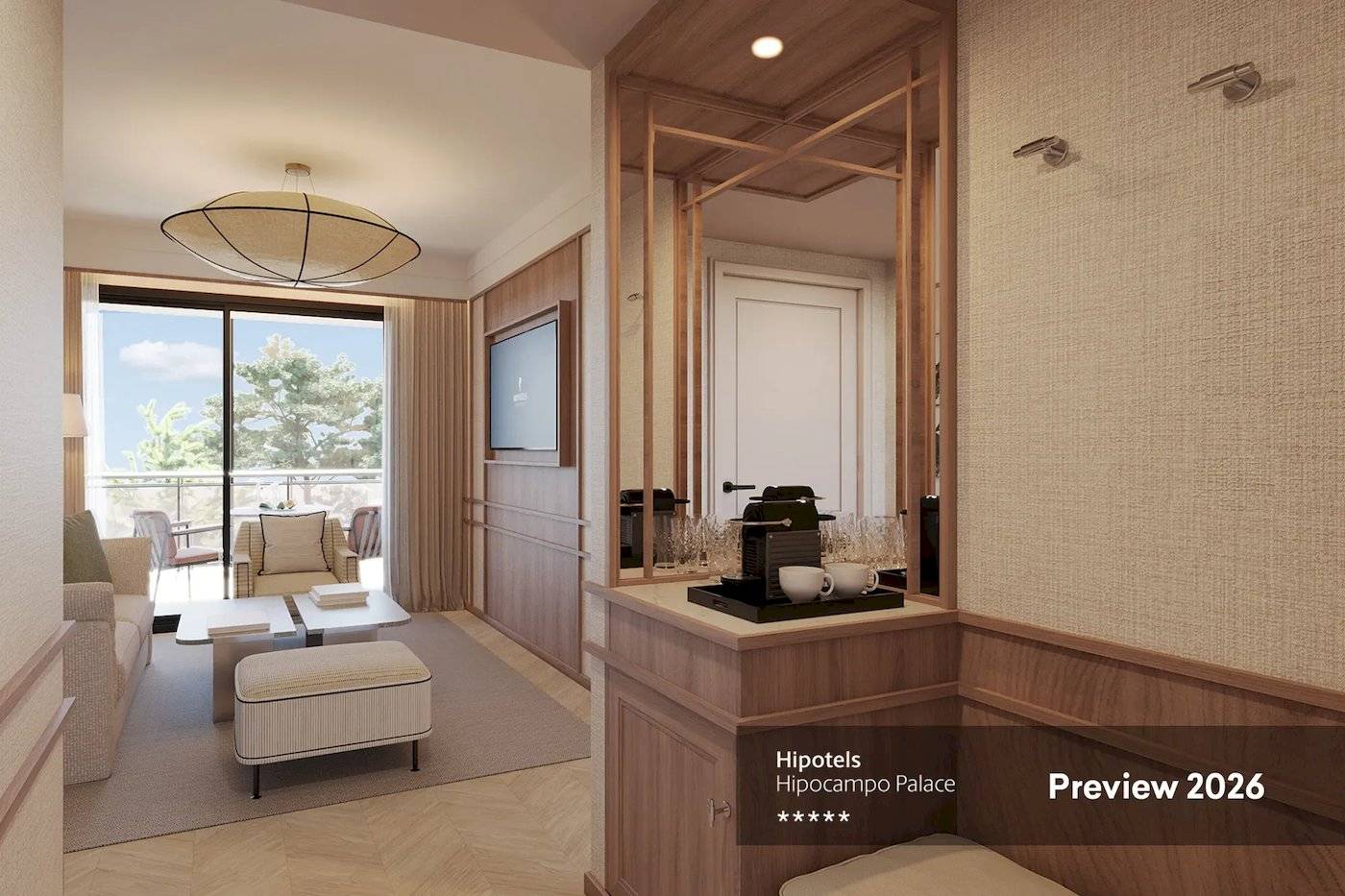 Vorschau 2026 des Innenraums des Hipotels Hipocampo Palace mit Möbeln und Aussicht.