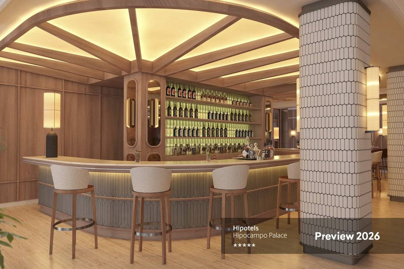 3D-Rendering der Inneneinrichtung der Bar im Hipotels Hipocampo Palace mit hölzernen Wänden, Thekenbeleuchtung und Barhockern.