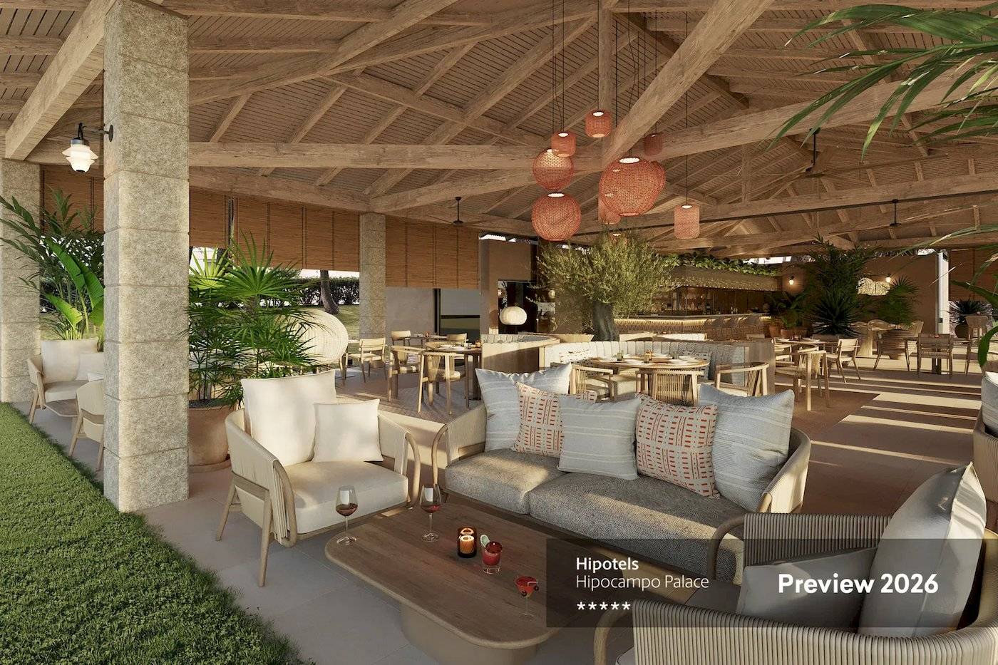 Vorschau von Hipotels Hipocampo Palace im Jahr 2026 mit Innenarchitektur des Restaurants.
