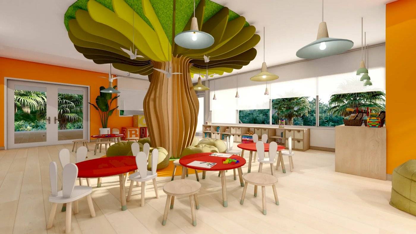 Illustration eines bunten Kinderzimmers mit einem Baum als zentralem Element.