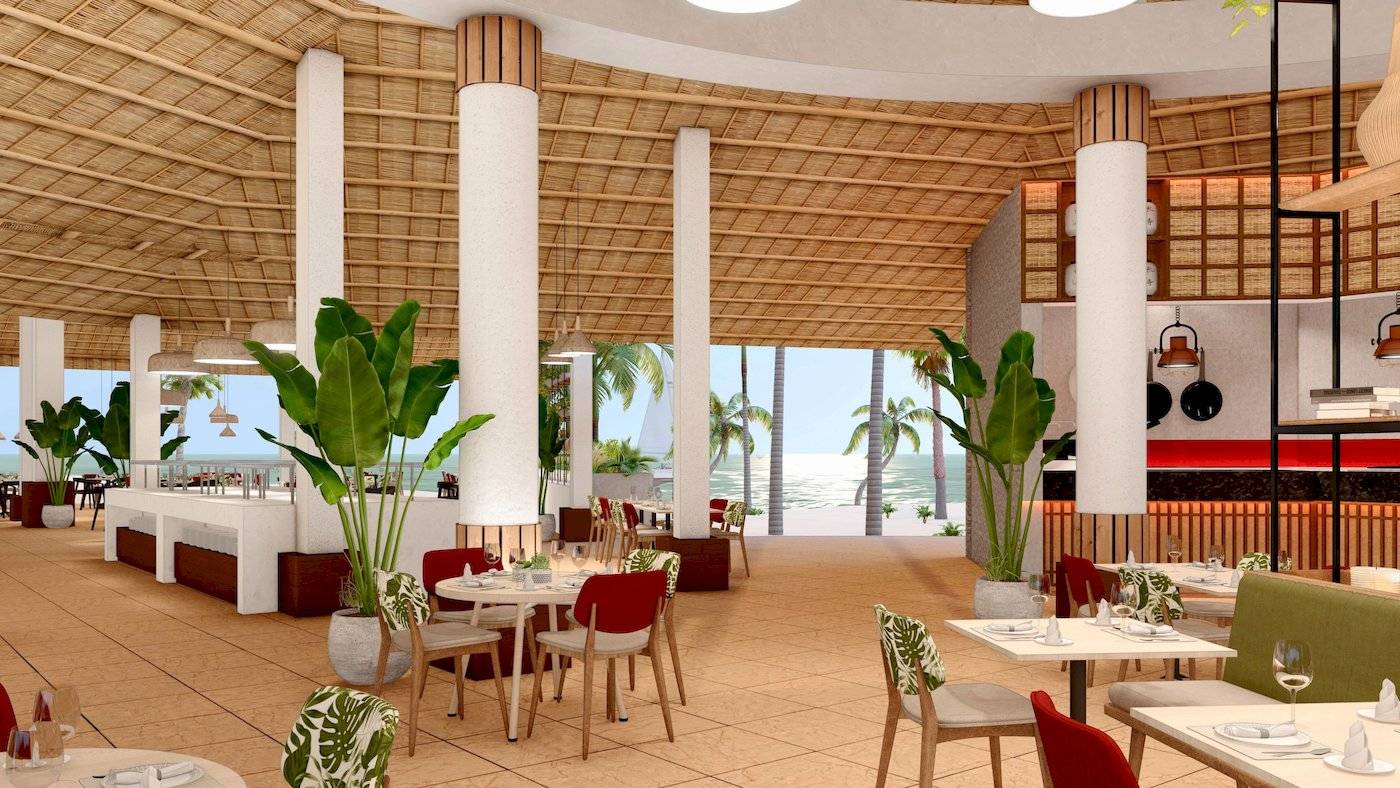 Innenbereich des Sunscape Dominicus La Romana Restaurants mit Blick auf das Meer.