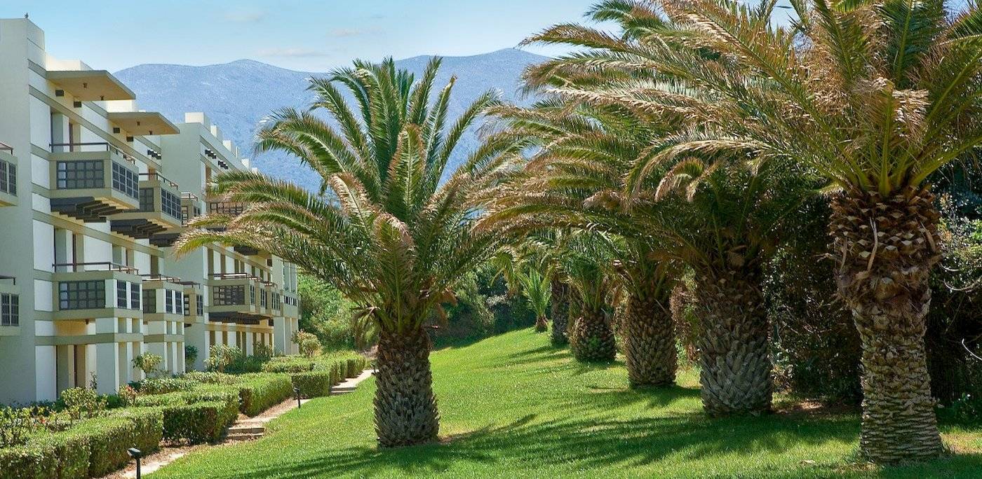 Grecotel Meli Palace Hotel vorne Palmen und Gebäude