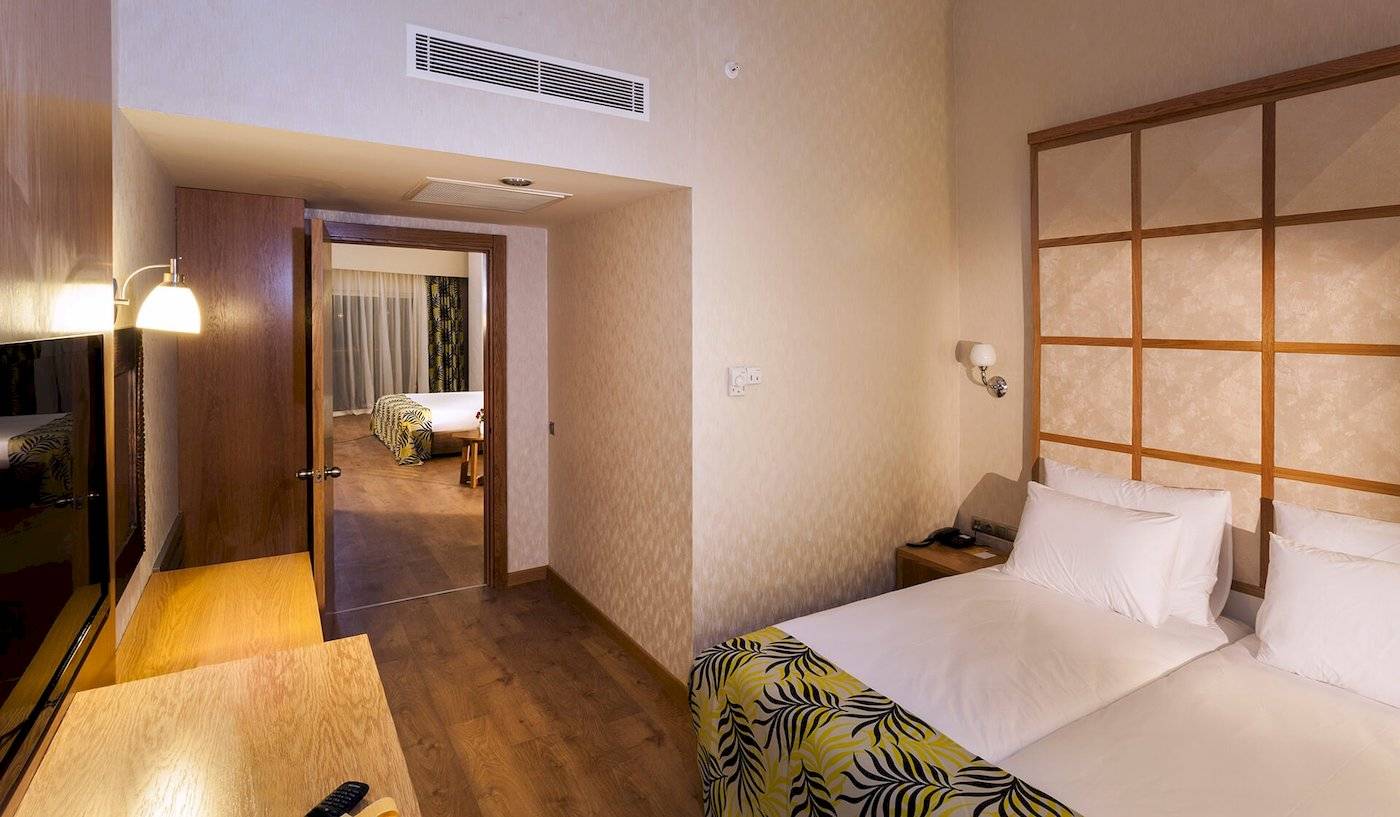 Doppelzimmer mit Aussicht im Defne Defnem Hotel mit Bett, Fernseher und offener Tür.