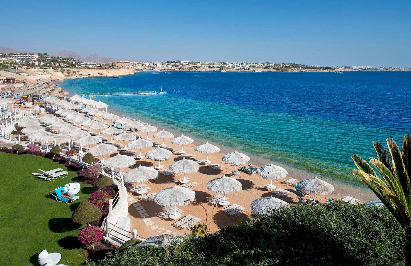 Luftaufnahme des Sunrise Royal Makadi Resorts mit vielen Sonnenschirmen und Liegen am Strand.