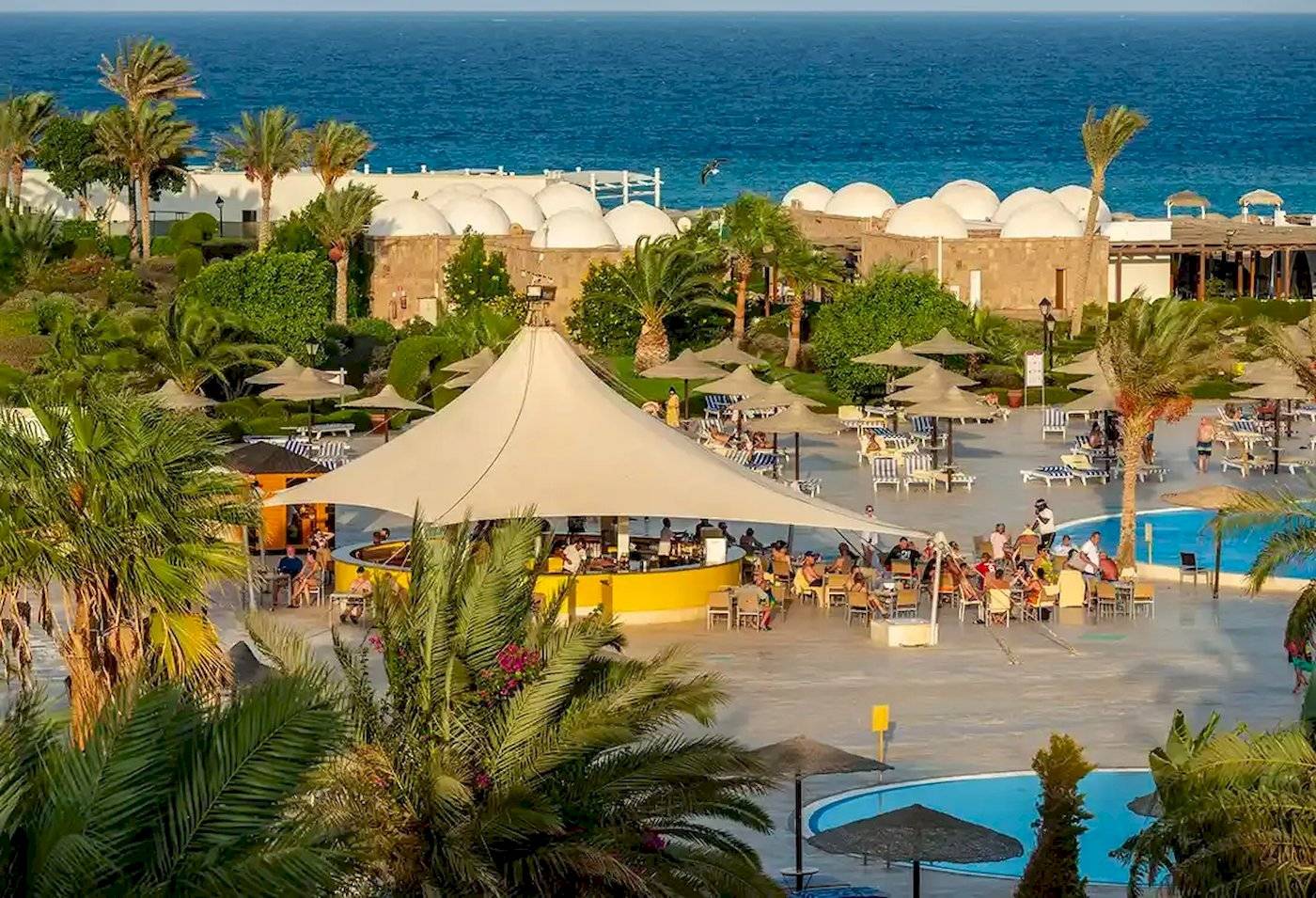 Gorgonia Beach Resort mit Außenbereich, Pool, Bar und Sonnenliegen.