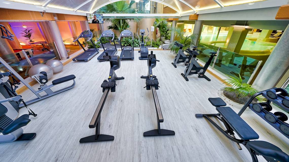 Fitnessstudio im Bull Dorado Beach & Spa Hotel mit verschiedenen Geräten und Pflanzen