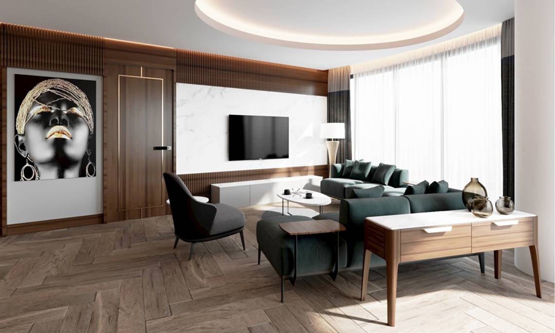 Modernes Wohnzimmer im Sherwood Exclusive Lara Hotel mit einem Fernseher, Sofas, Tisch und Dekor.