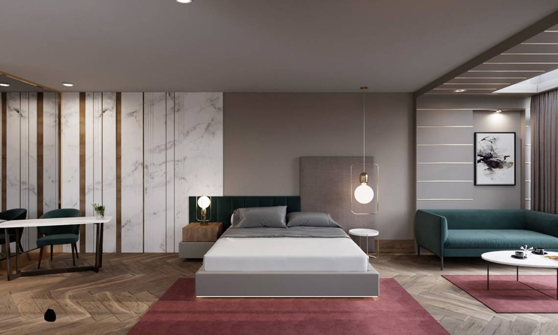 Innenansicht eines Schlafzimmers im Sherwood Exclusive Lara Hotel mit modernem Design und luxuriöser Einrichtung.