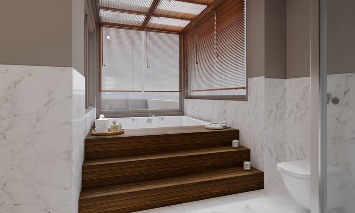 Innenansicht des Badezimmers im Sherwood Exclusive Lara Hotel mit Badewanne, Holzstufen und modernem Design.