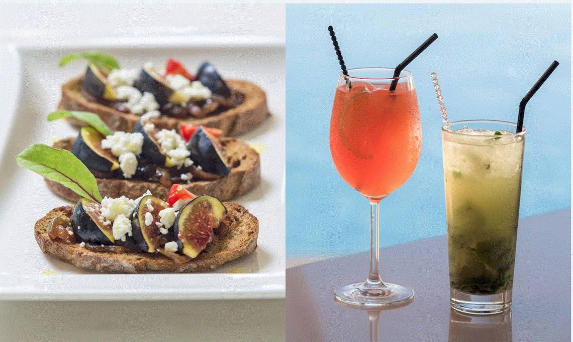 Zwei Bilder von Fig Toast und Cocktails im Vencia Boutique Hotel.