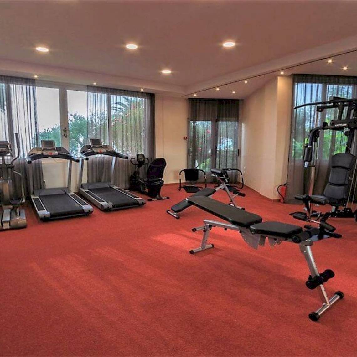 Fitnessraum im Elea Beach Hotel mit roten Teppichboden und Trainingsgeräten.