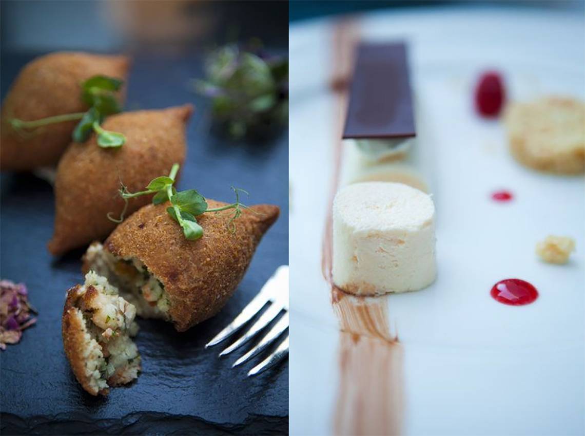 Zwei Gerichte vom Southern Sun Abu Dhabi: frittiertes Samsa mit Füllung und ein Dessert mit Sahne und roten Dekorationen.