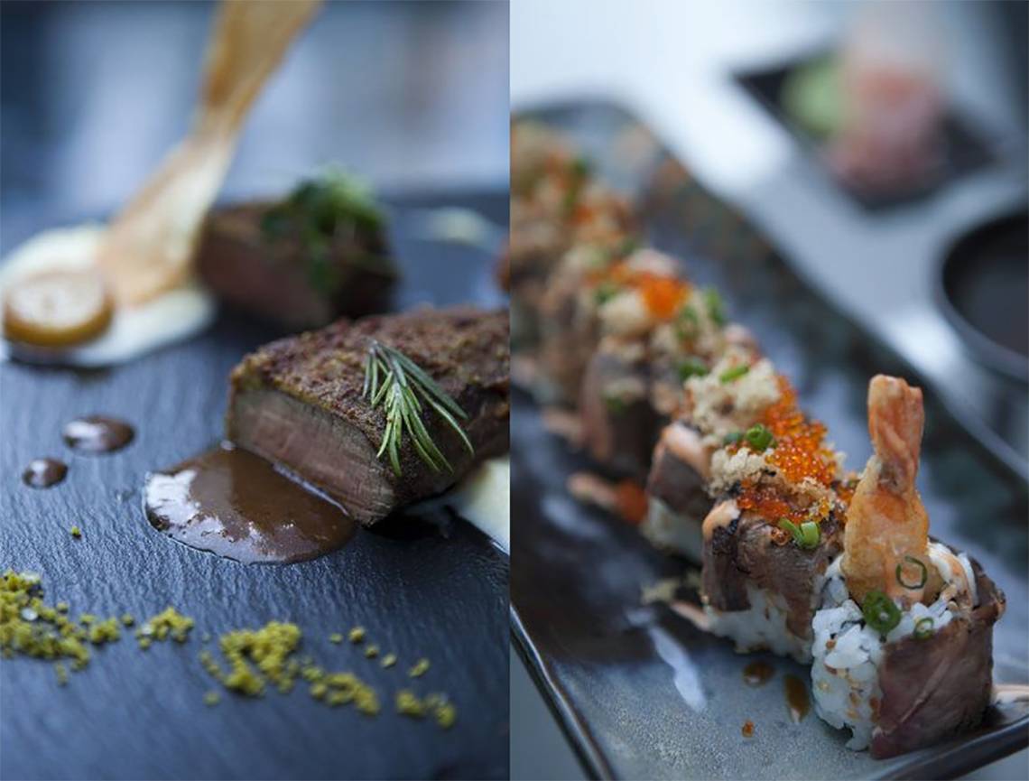 Zwei Gerichte vom Southern Sun Abu Dhabi: ein Steak und ein Sushi-Teller.