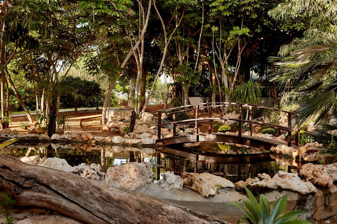 Garten des Grecian Bay Hotels mit Brücke über einem Teich